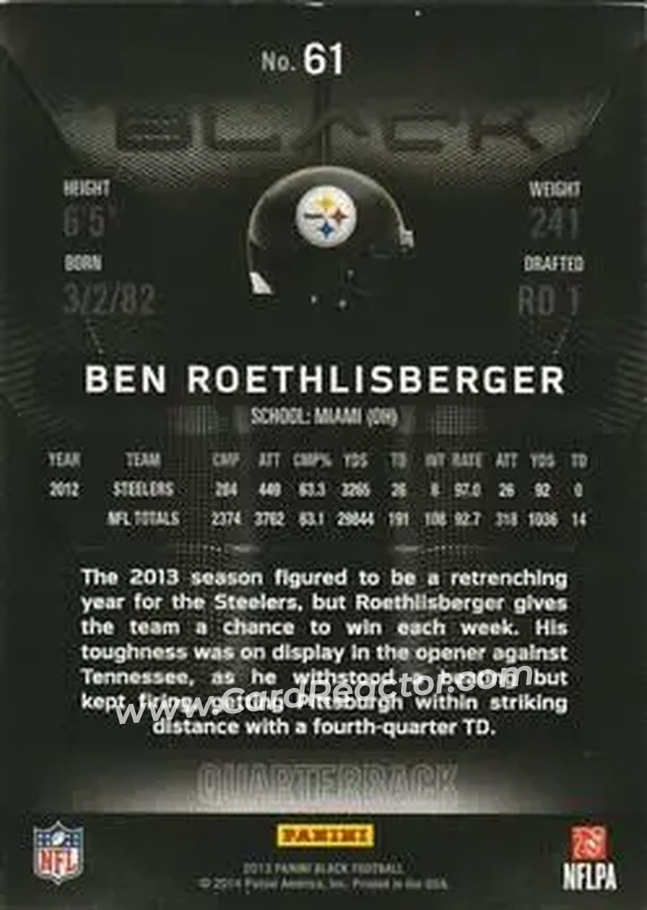 2013 Panini Black #61 - Ben Roethlisberger - Pittsburgh Steelers - Back 2013 Panini Black #61 - Ben Roethlisberger - Pittsburgh Steelers - Back