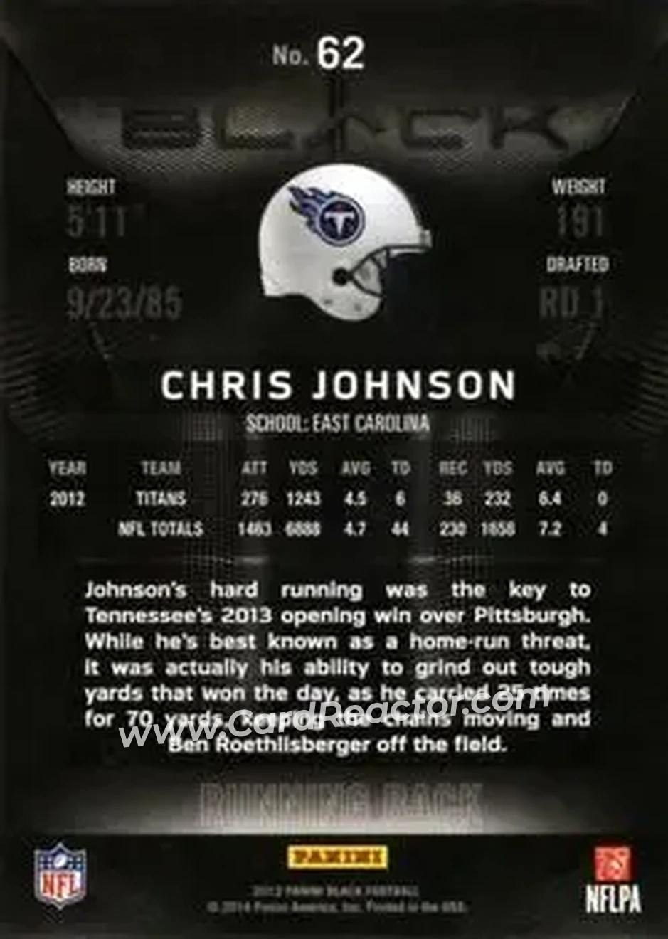 2013 Panini Black #62 - Chris Johnson - Tennessee Titans - Back