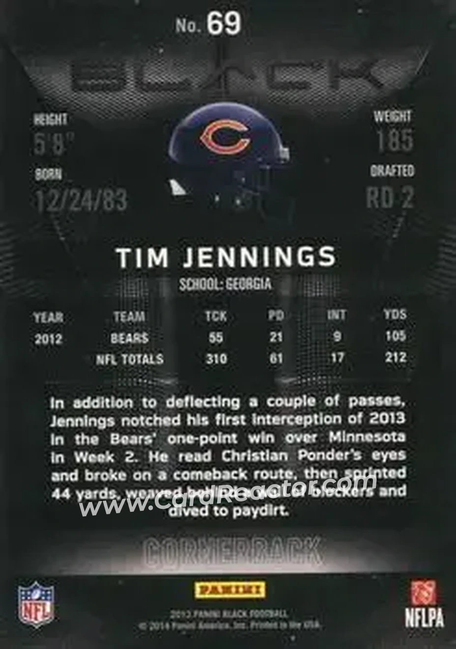 2013 Panini Black #69 - Tim Jennings - Chicago Bears - Back