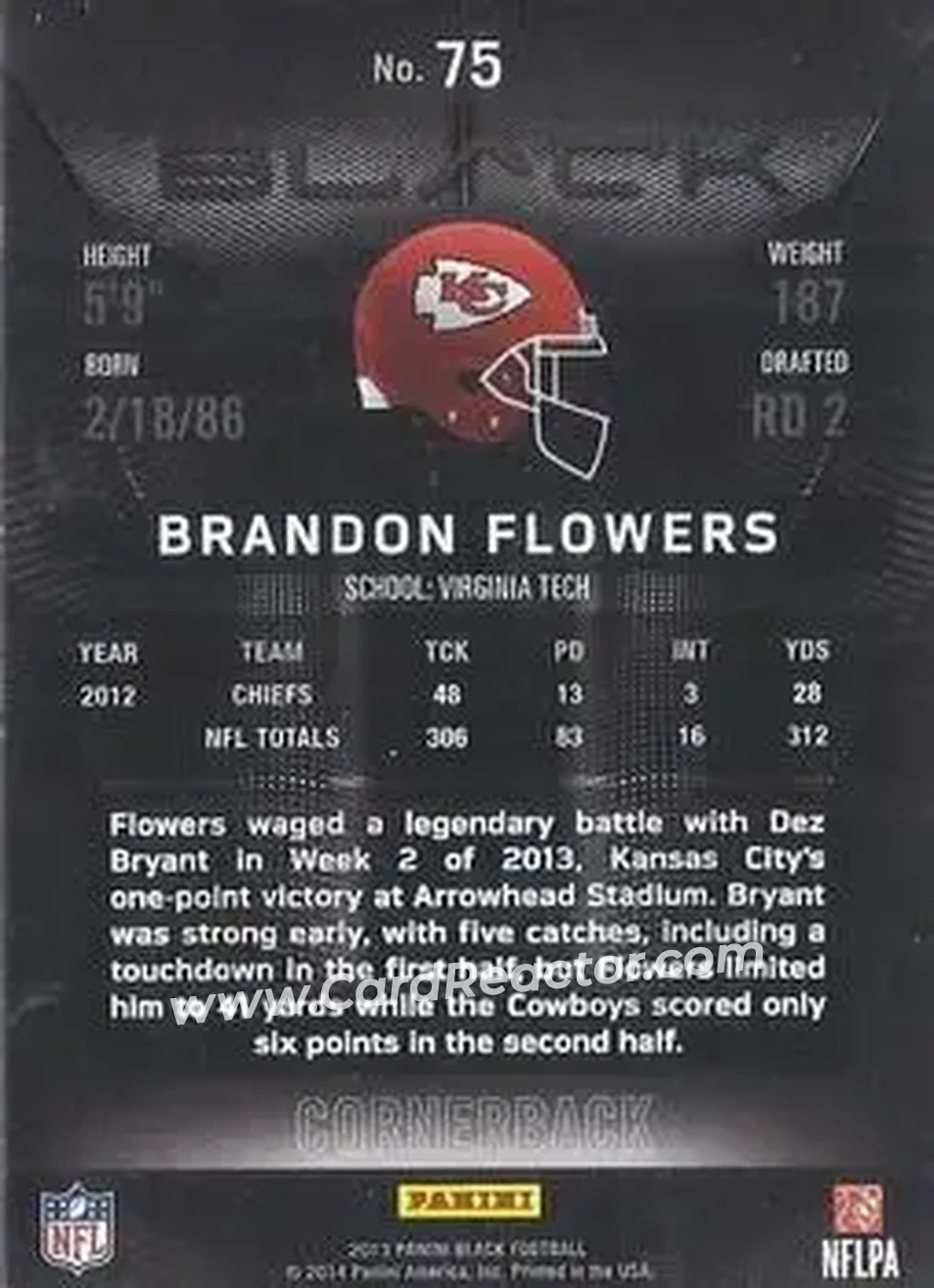 2013 Panini Black #75 - Brandon Flowers - Kansas City Chiefs - Back