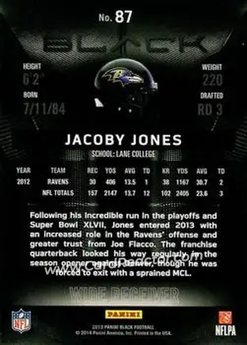 2013 Panini Black #87 - Jacoby Jones - Baltimore Ravens - Back