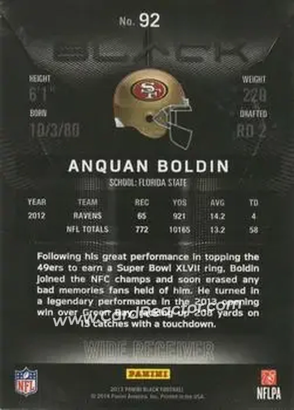 2013 Panini Black #92 - Anquan Boldin - San Francisco 49ers - Back