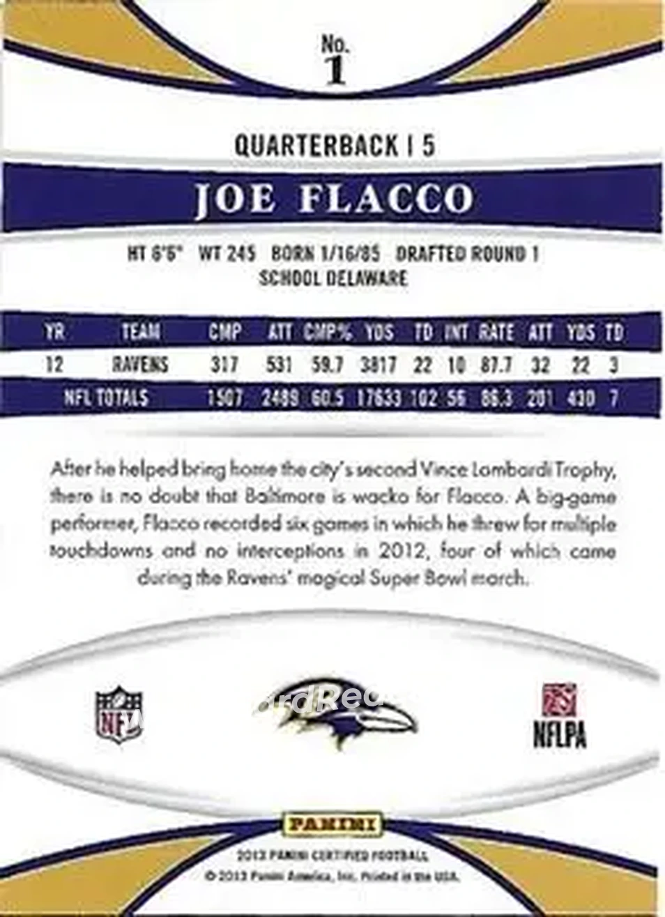 2013 Panini Certified #1 - Joe Flacco - Baltimore Ravens - Back