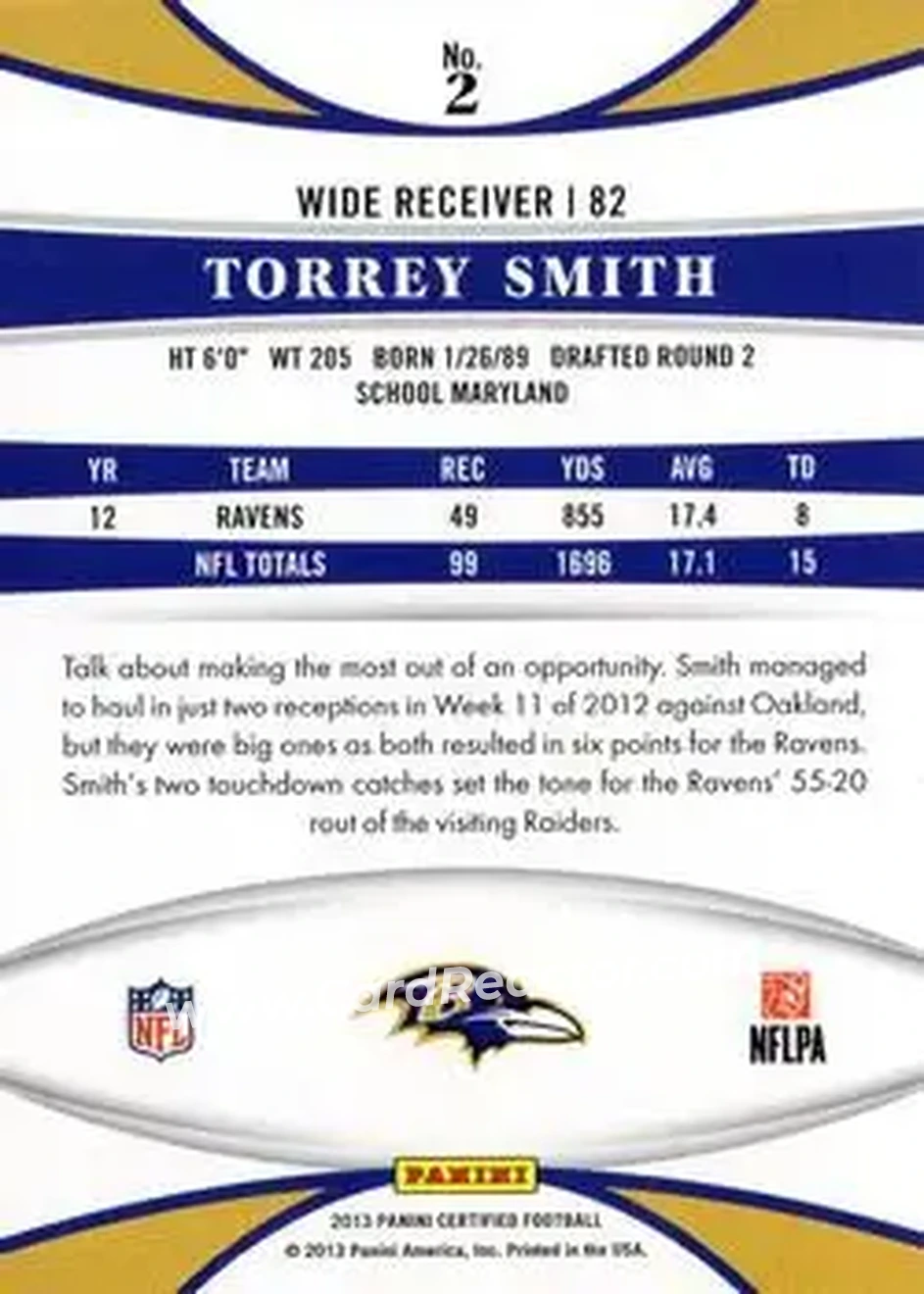 2013 Panini Certified #2 - Torrey Smith - Baltimore Ravens - Back