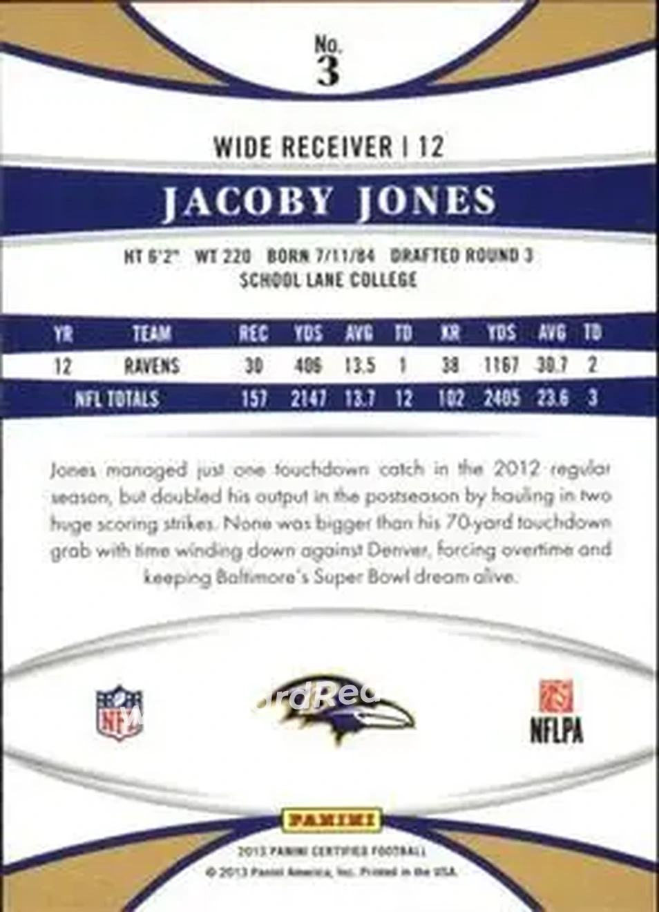 2013 Panini Certified #3 - Jacoby Jones - Baltimore Ravens - Back