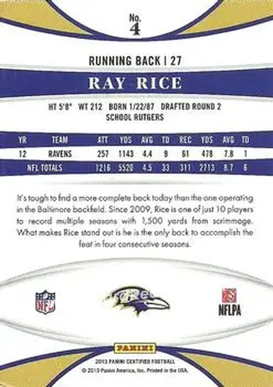 2013 Panini Certified #4 - Ray Rice - Baltimore Ravens - Back