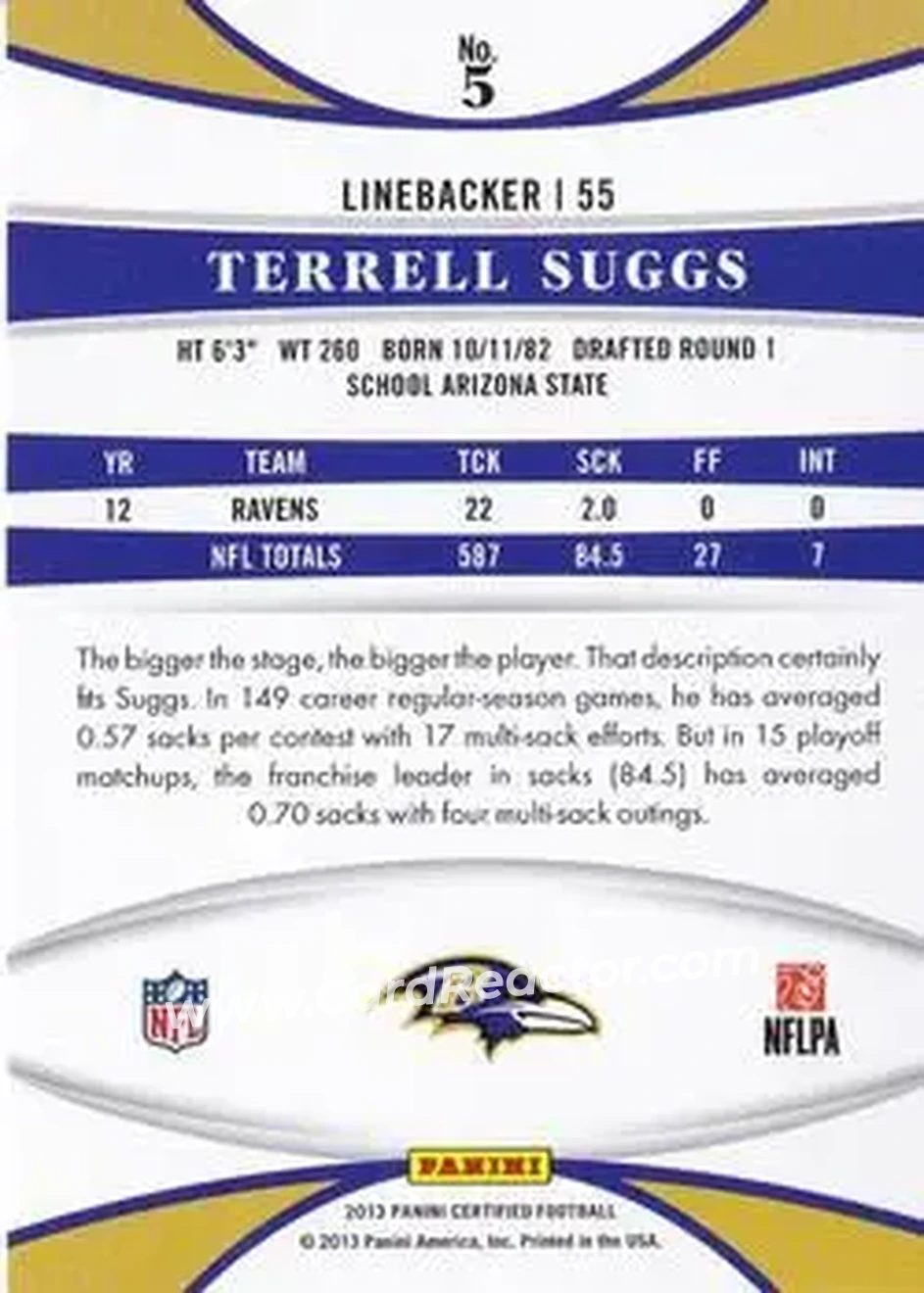 2013 Panini Certified #5 - Terrell Suggs - Baltimore Ravens - Back