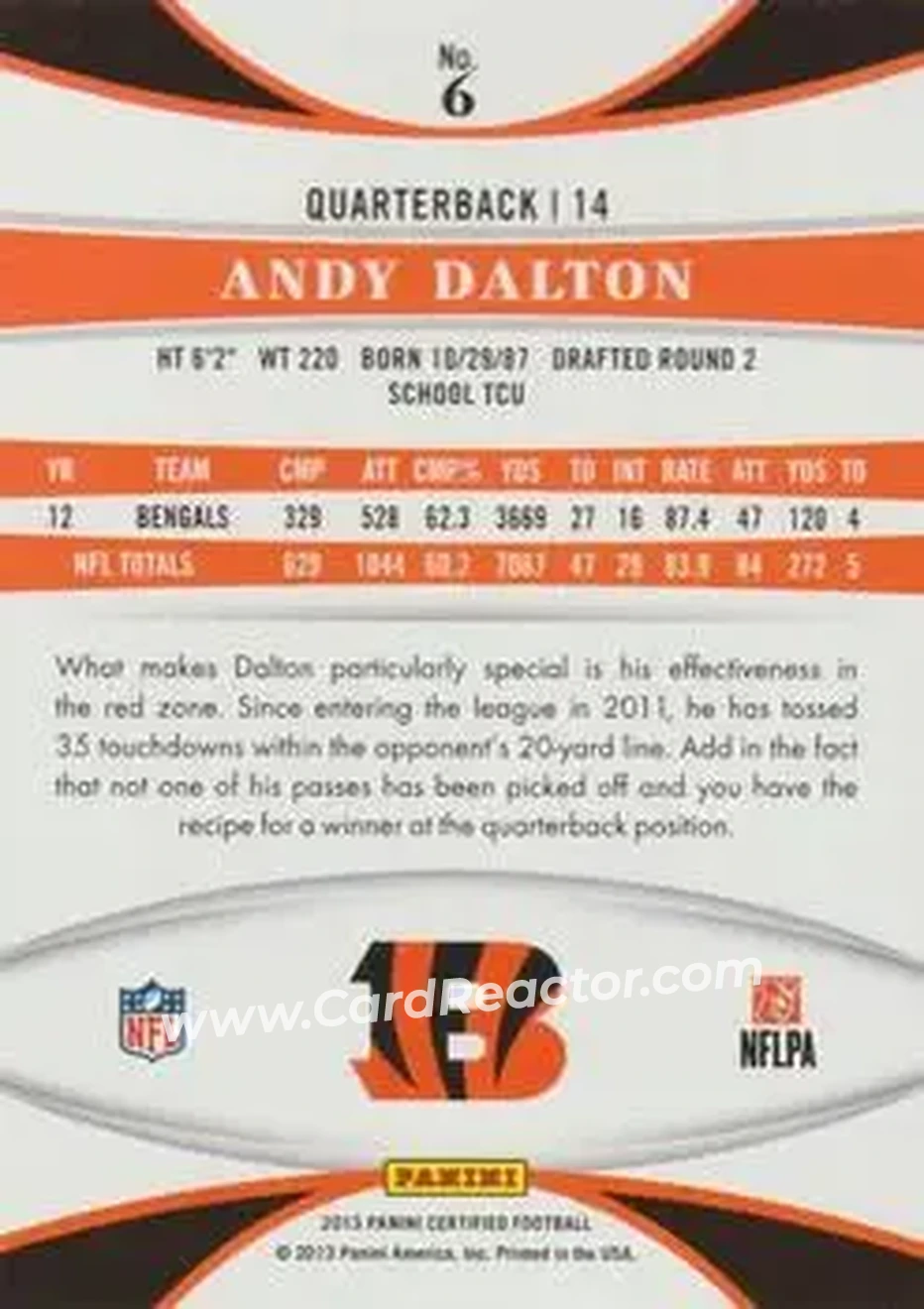 2013 Panini Certified #6 - Andy Dalton - Cincinnati Bengals - Back