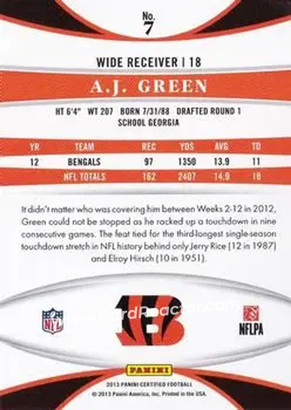 2013 Panini Certified #7 - A.J. Green - Cincinnati Bengals - Back