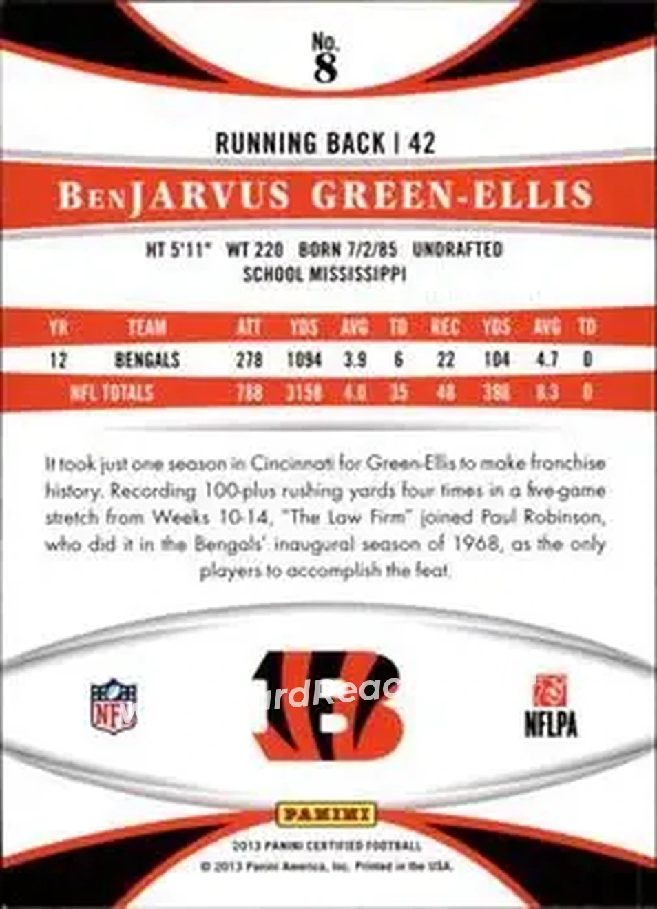2013 Panini Certified #8 - BenJarvus Green-Ellis - Cincinnati Bengals - Back
