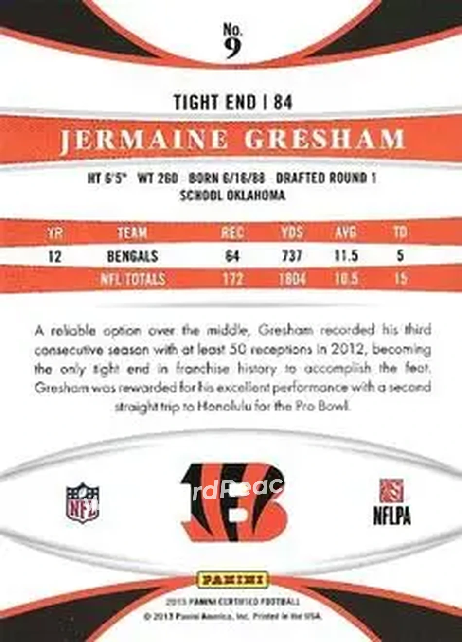 2013 Panini Certified #9 - Jermaine Gresham - Cincinnati Bengals - Back