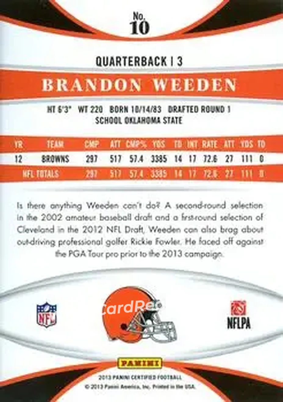 2013 Panini Certified #10 - Brandon Weeden - Cleveland Browns - Back