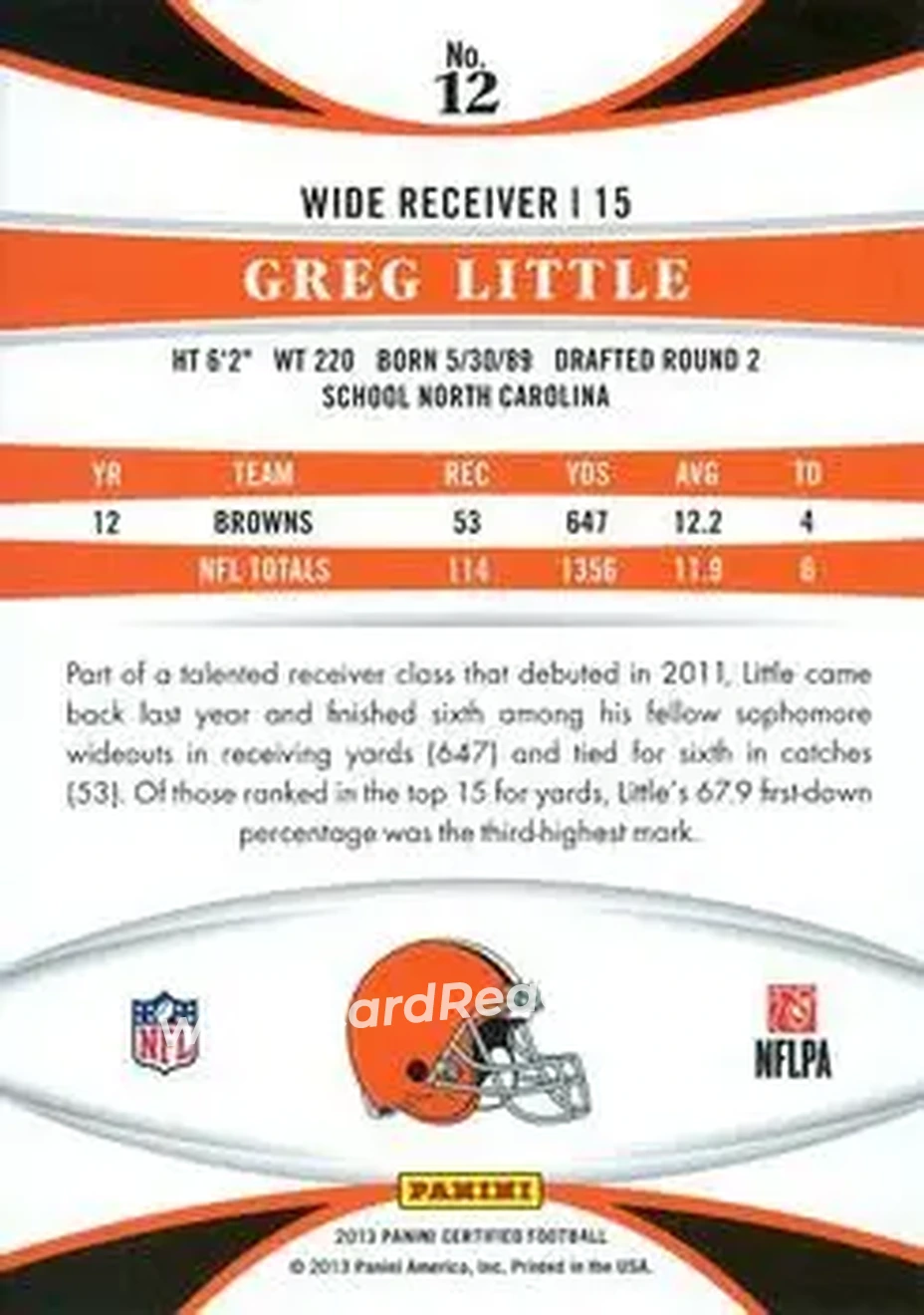 2013 Panini Certified #12 - Greg Little - Cleveland Browns - Back