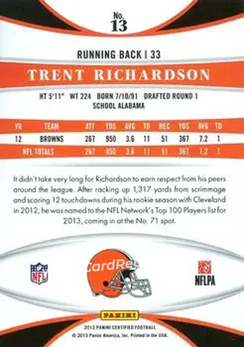 2013 Panini Certified #13 - Trent Richardson - Cleveland Browns - Back