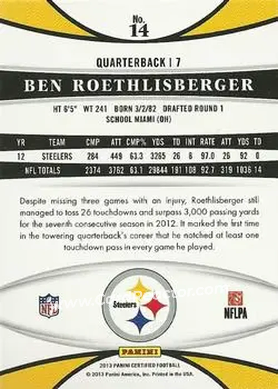 2013 Panini Certified #14 - Ben Roethlisberger - Pittsburgh Steelers - Back