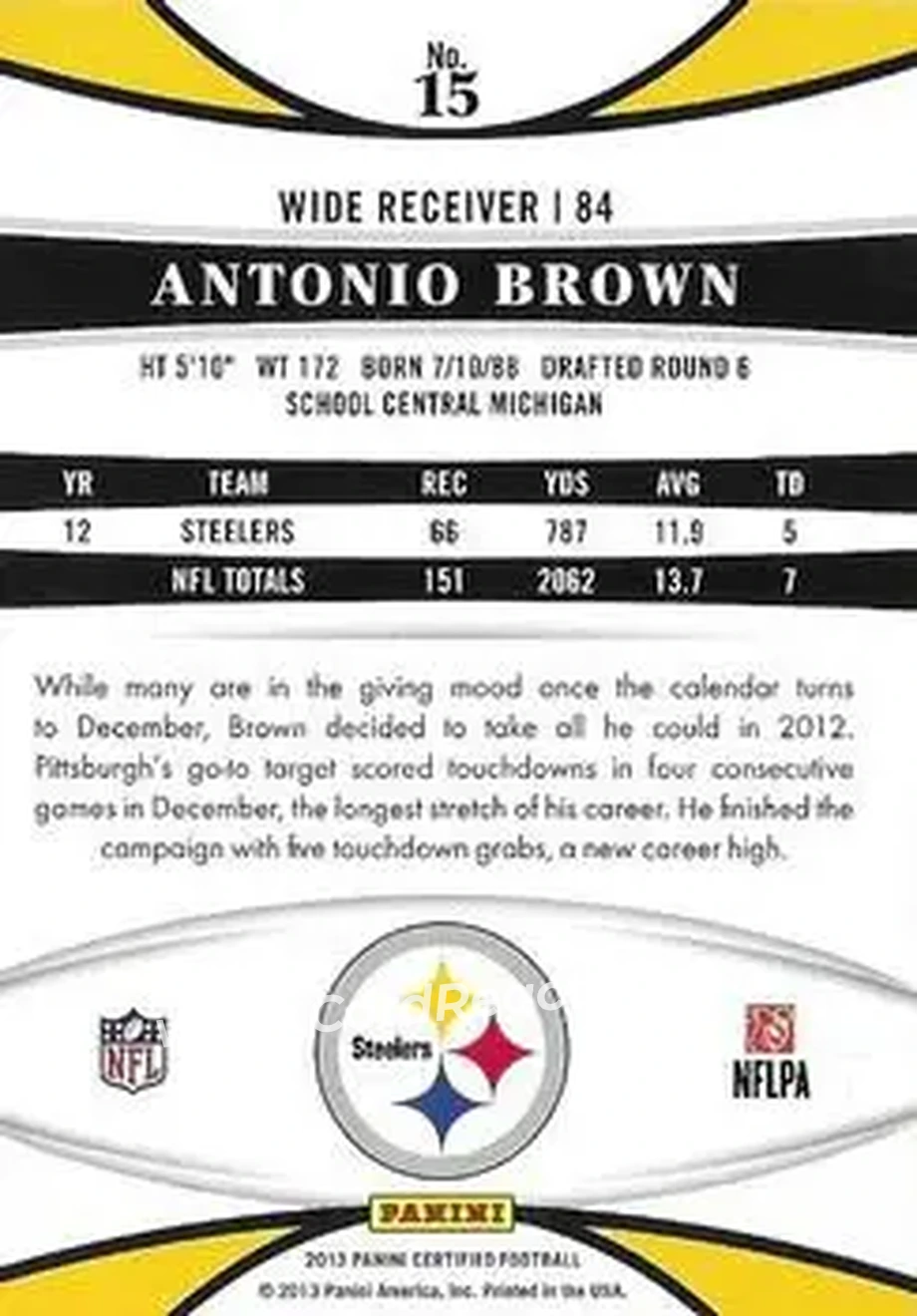 2013 Panini Certified #15 - Antonio Brown - Pittsburgh Steelers - Back