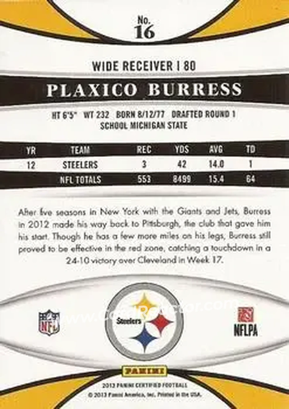 2013 Panini Certified #16 - Plaxico Burress - Pittsburgh Steelers - Back