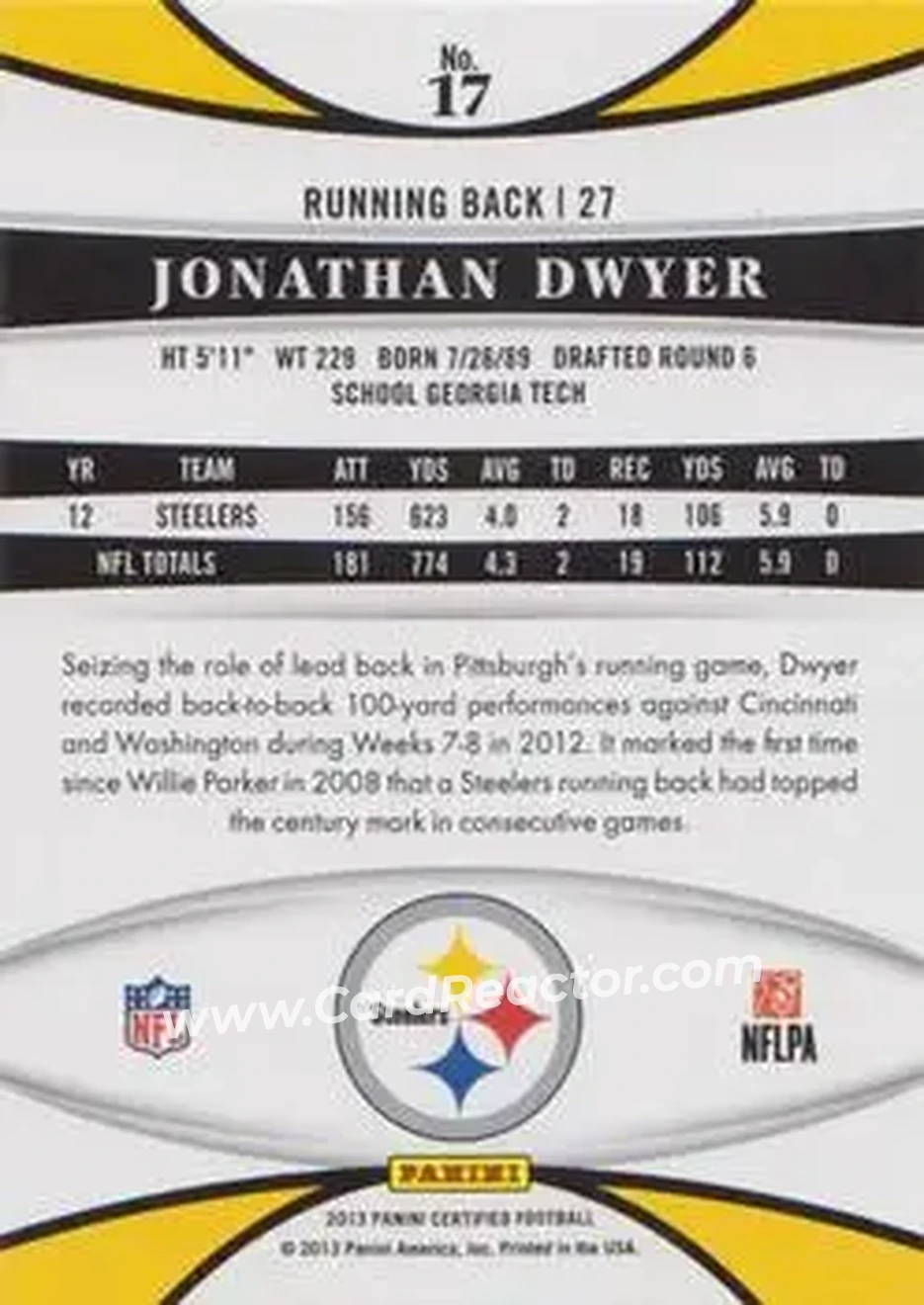 2013 Panini Certified #17 - Jonathan Dwyer - Pittsburgh Steelers - Back
