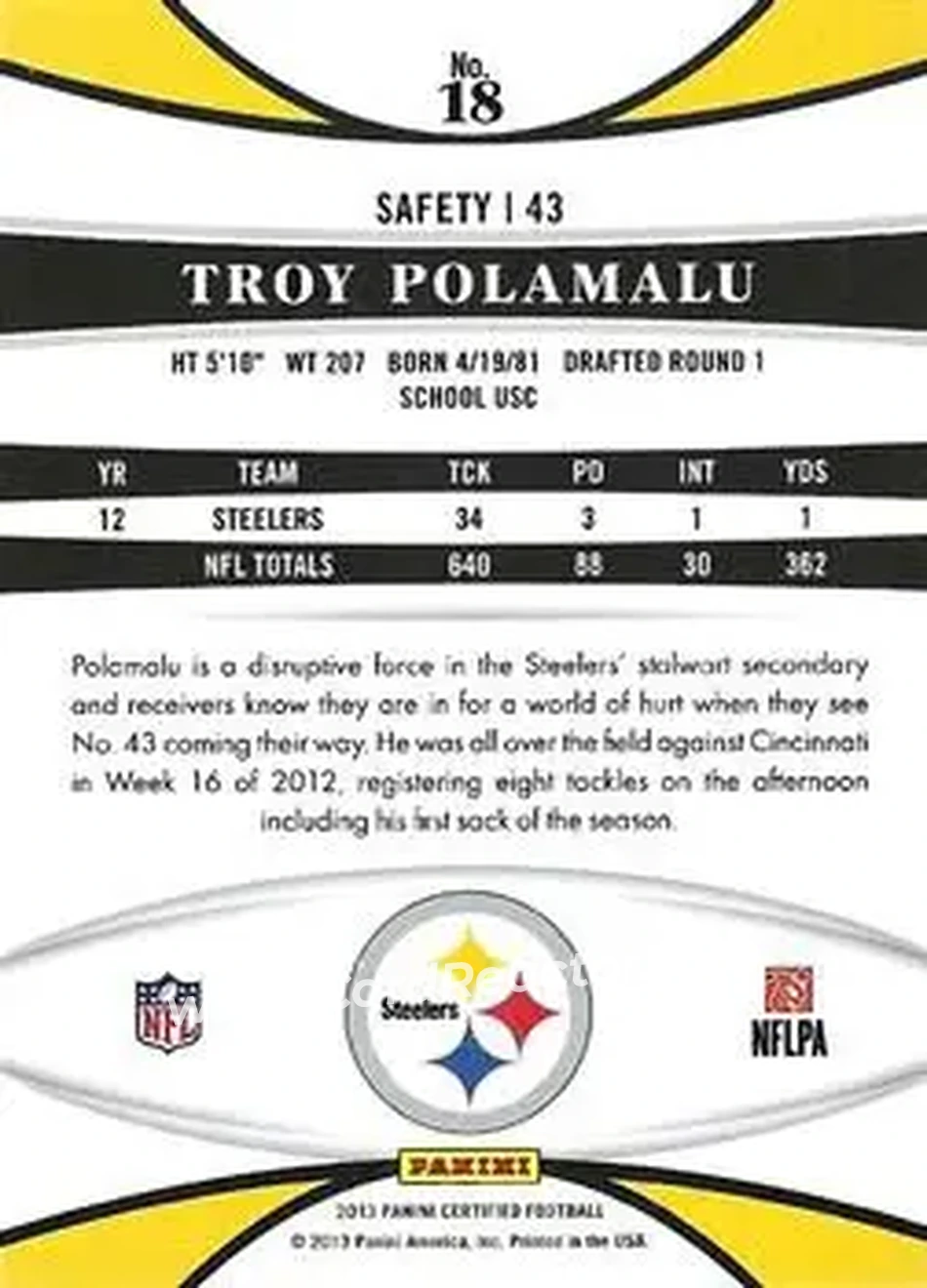 2013 Panini Certified #18 - Troy Polamalu - Pittsburgh Steelers - Back