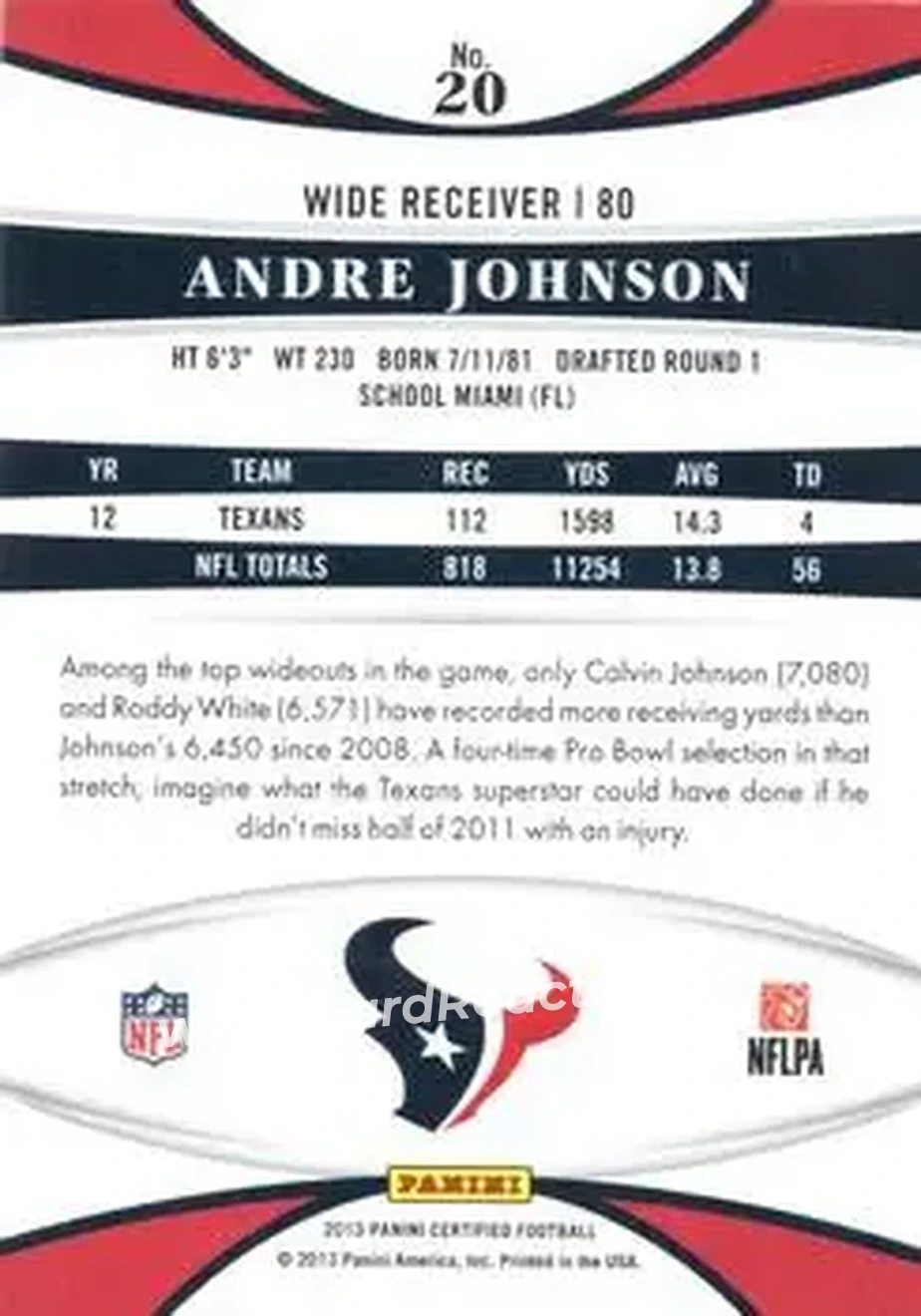 2013 Panini Certified #20 - Andre Johnson - Houston Texans - Back 2013 Panini Certified #20 - Andre Johnson - Houston Texans - Back