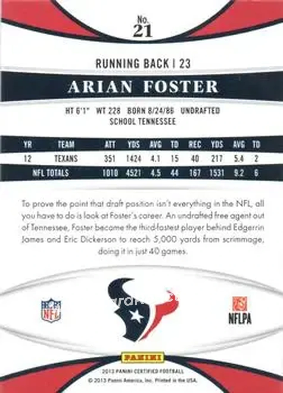 2013 Panini Certified #21 - Arian Foster - Houston Texans - Back