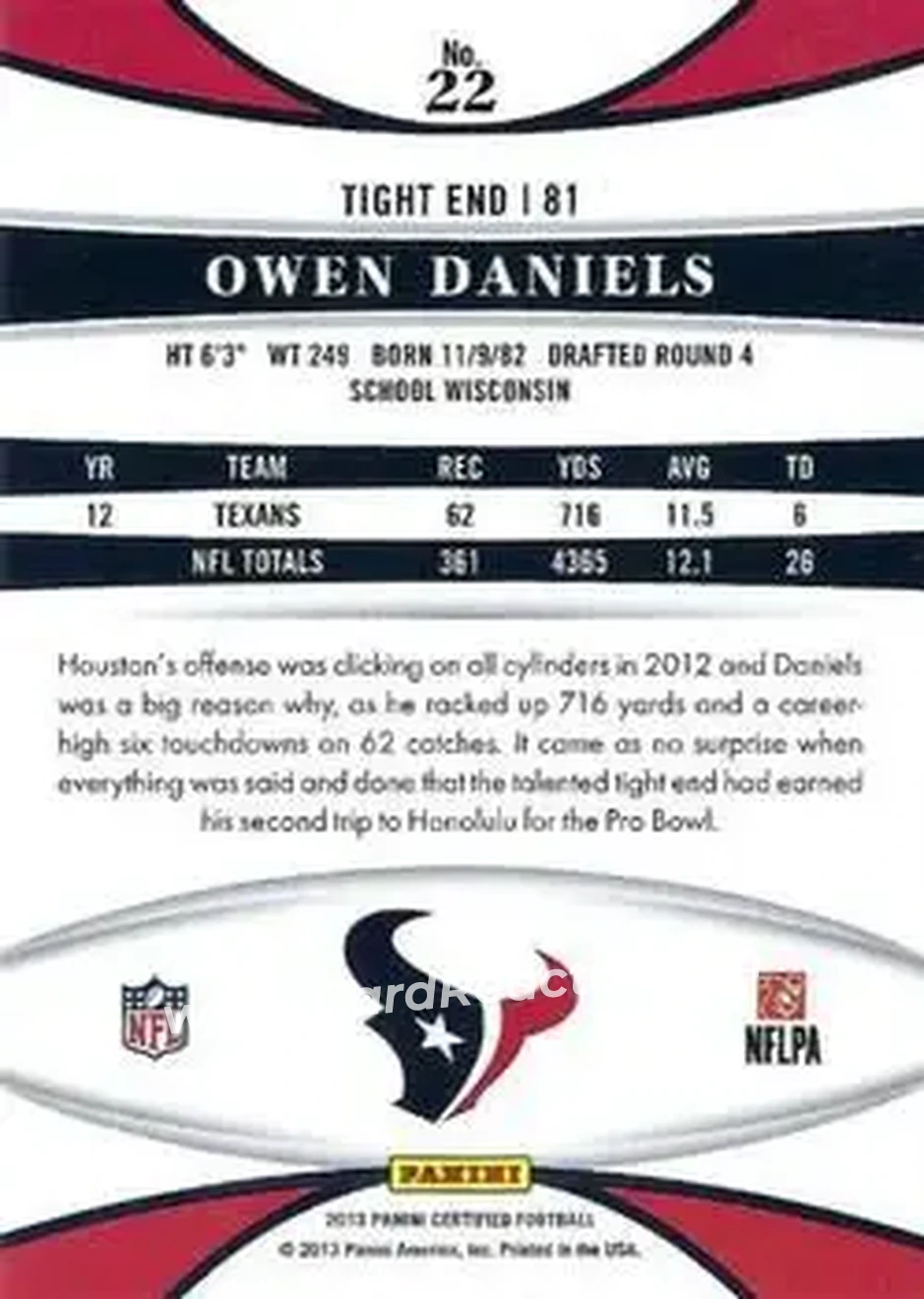 2013 Panini Certified #22 - Owen Daniels - Houston Texans - Back