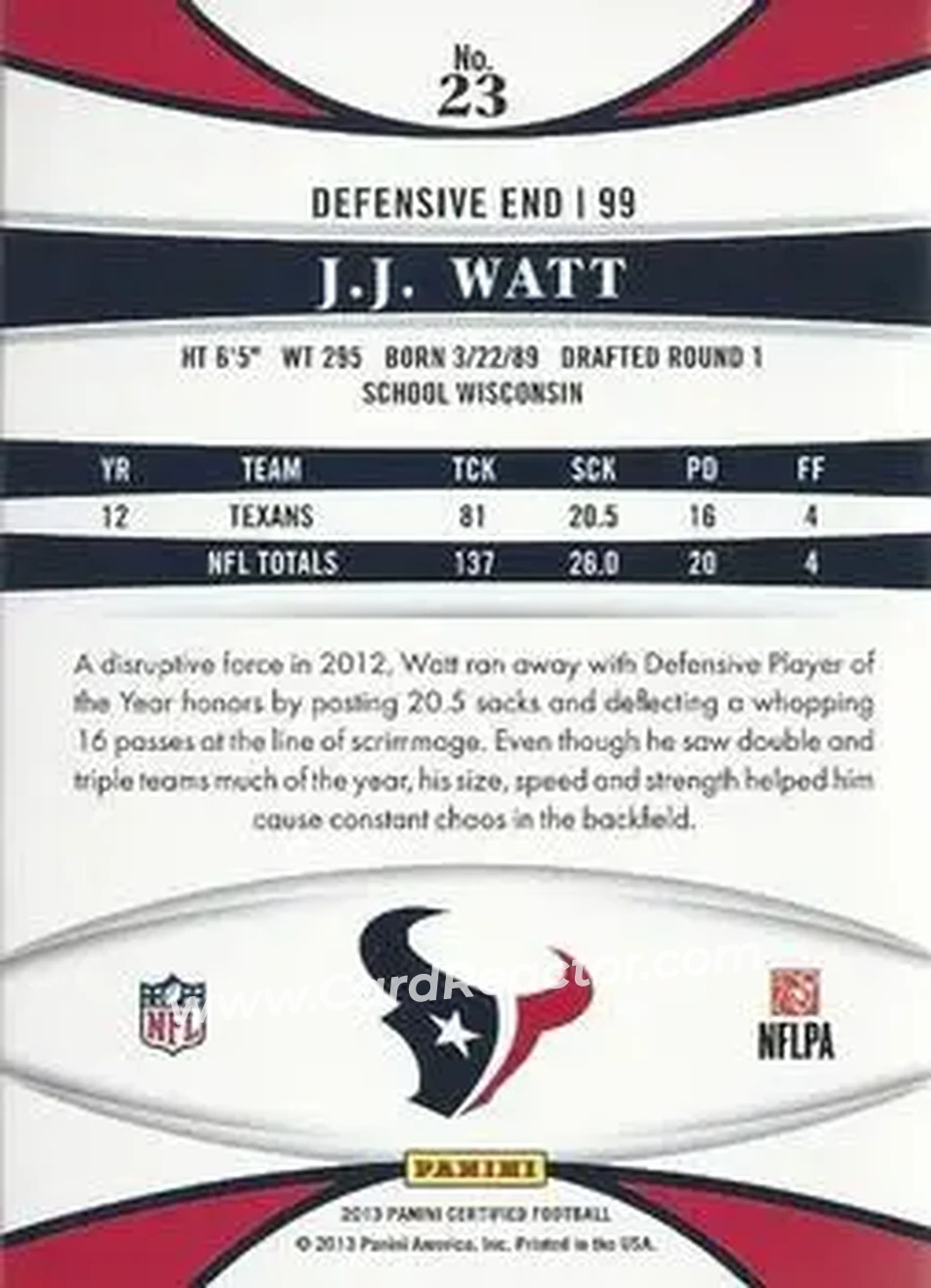 2013 Panini Certified #23 - J.J. Watt - Houston Texans - Back