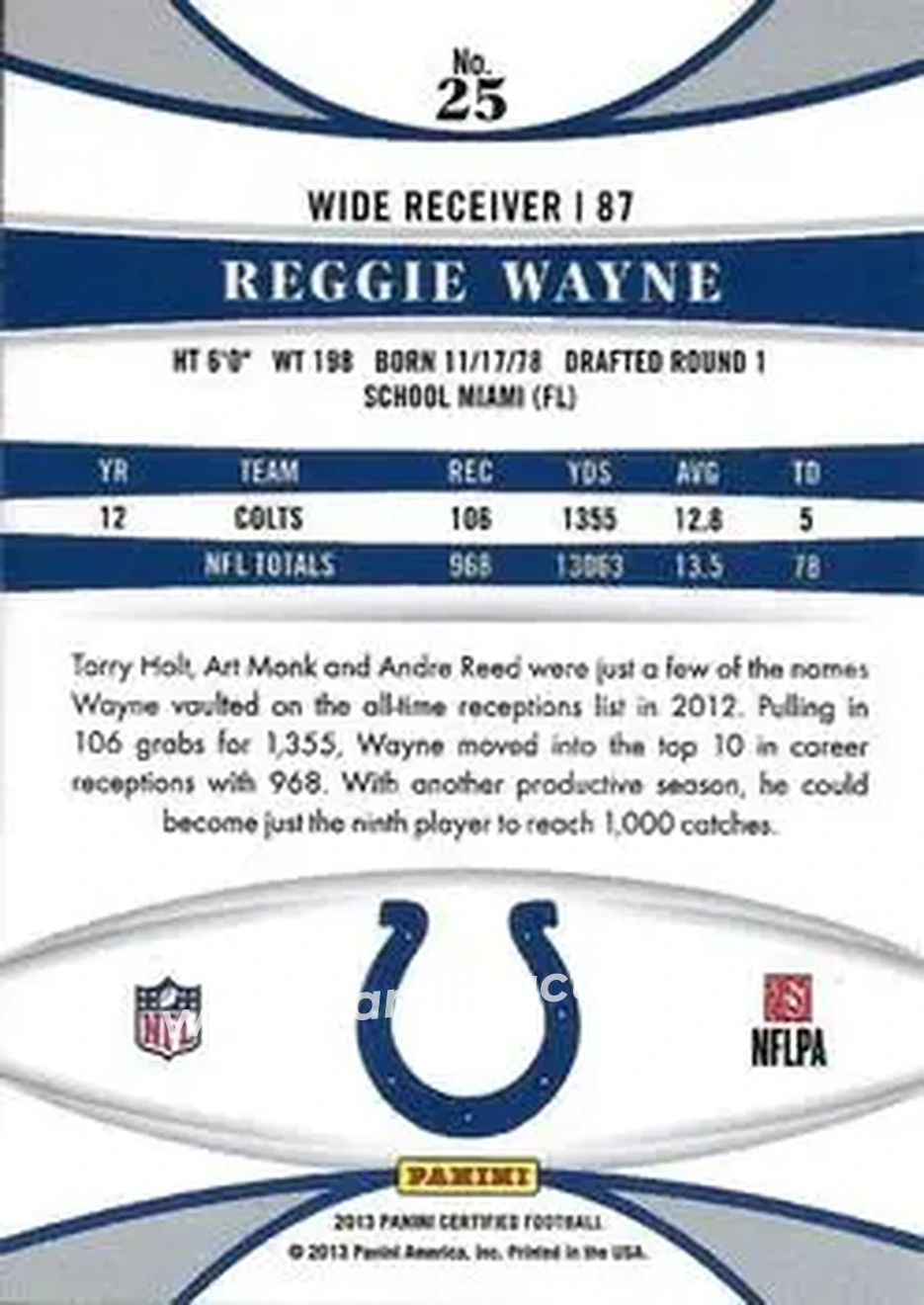 2013 Panini Certified #25 - Reggie Wayne - Indianapolis Colts - Back