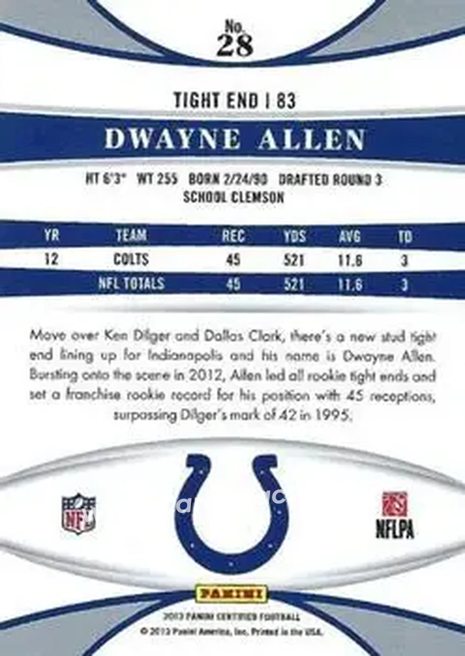 2013 Panini Certified #28 - Dwayne Allen - Indianapolis Colts - Back