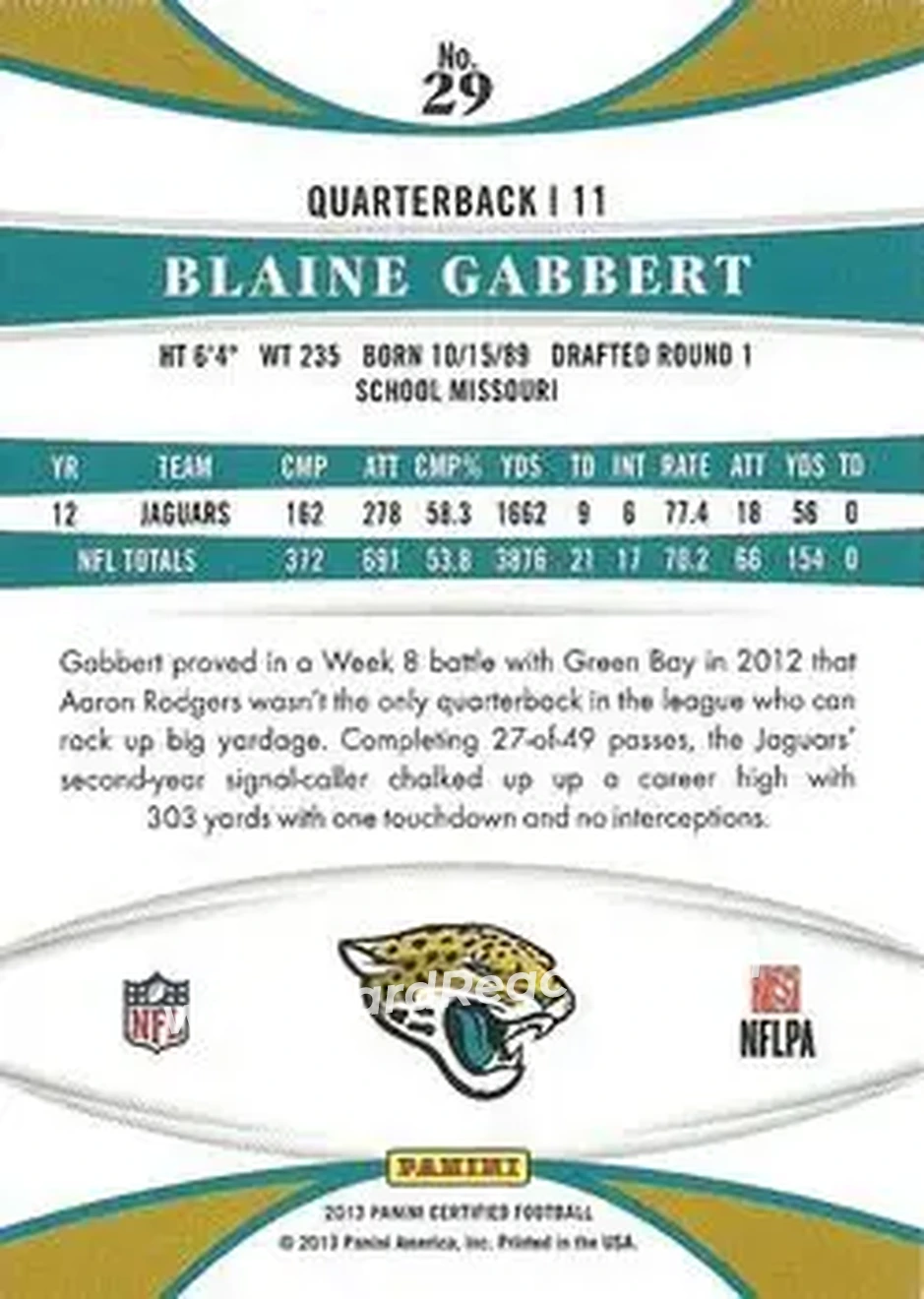 2013 Panini Certified #29 - Blaine Gabbert - Jacksonville Jaguars - Back