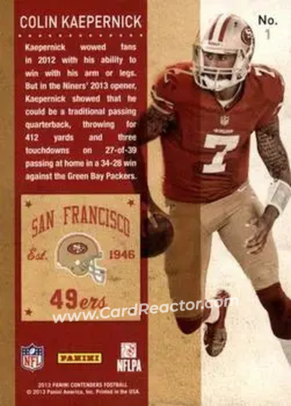 2013 Panini Contenders #1 - Colin Kaepernick - San Francisco 49ers - Back