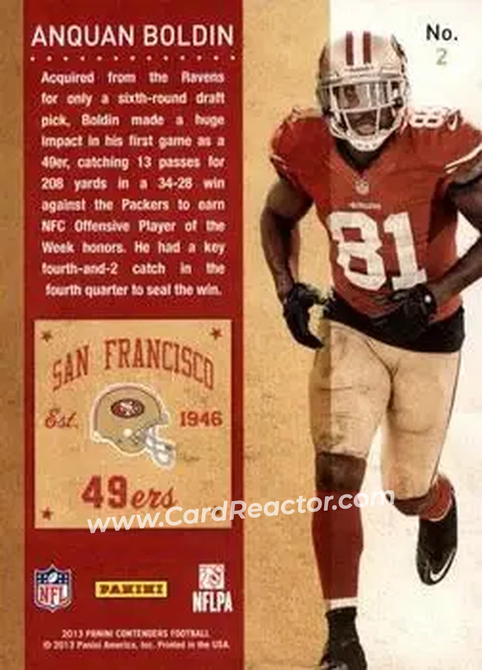 2013 Panini Contenders #2 - Anquan Boldin - San Francisco 49ers - Back