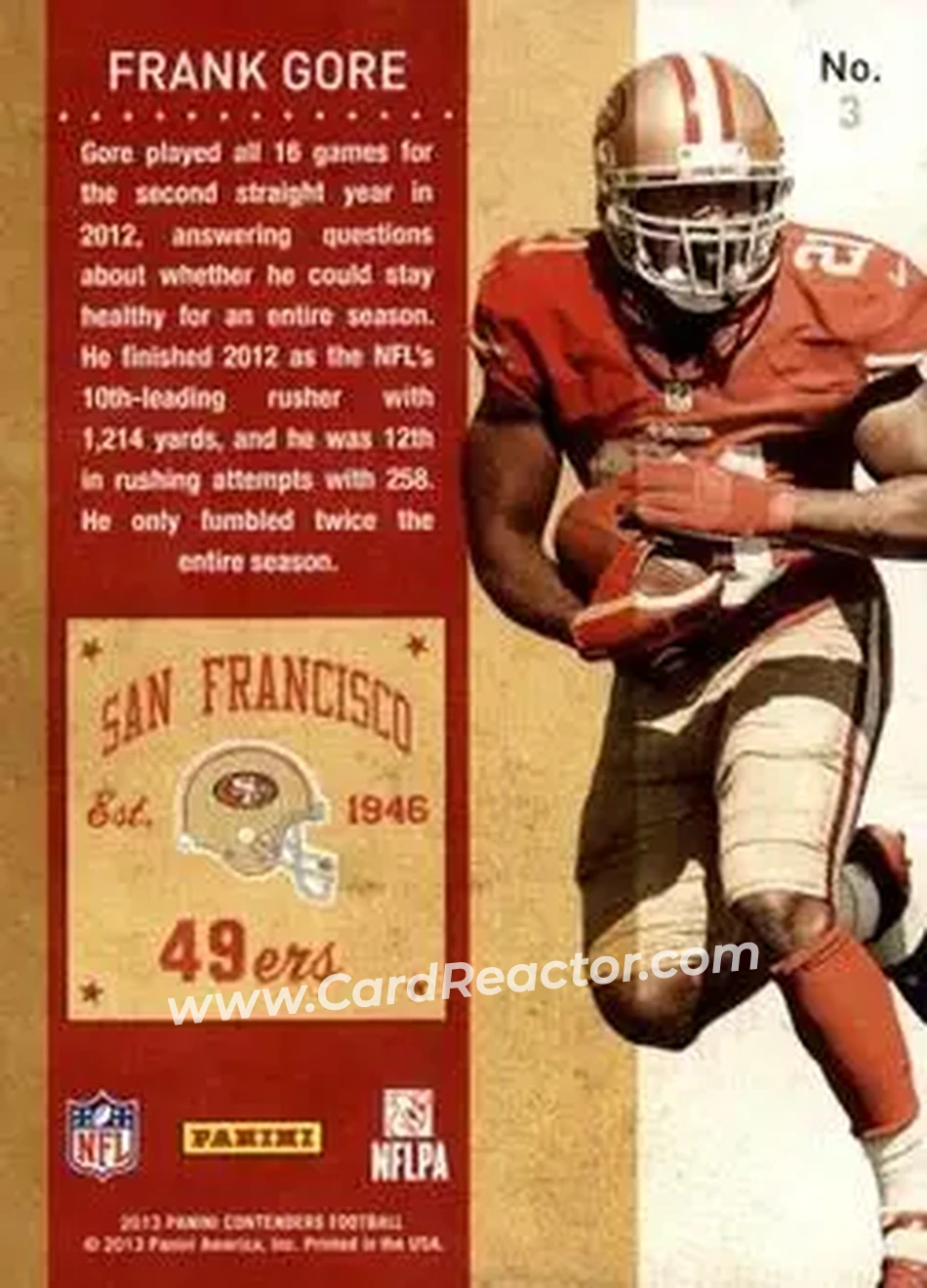 2013 Panini Contenders #3 - Frank Gore - San Francisco 49ers - Back