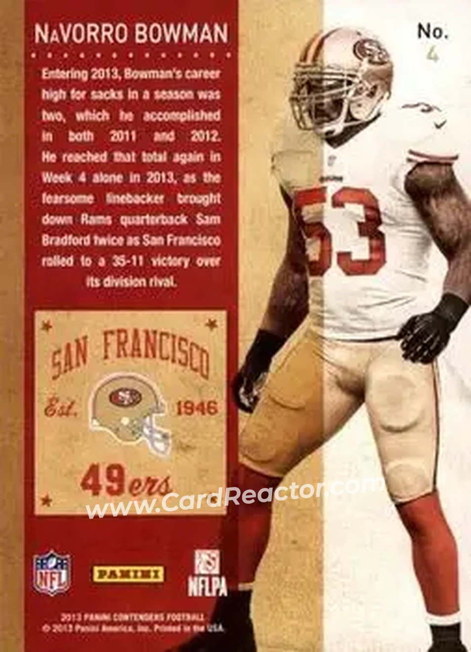 2013 Panini Contenders #4 - Navorro Bowman - San Francisco 49ers - Back