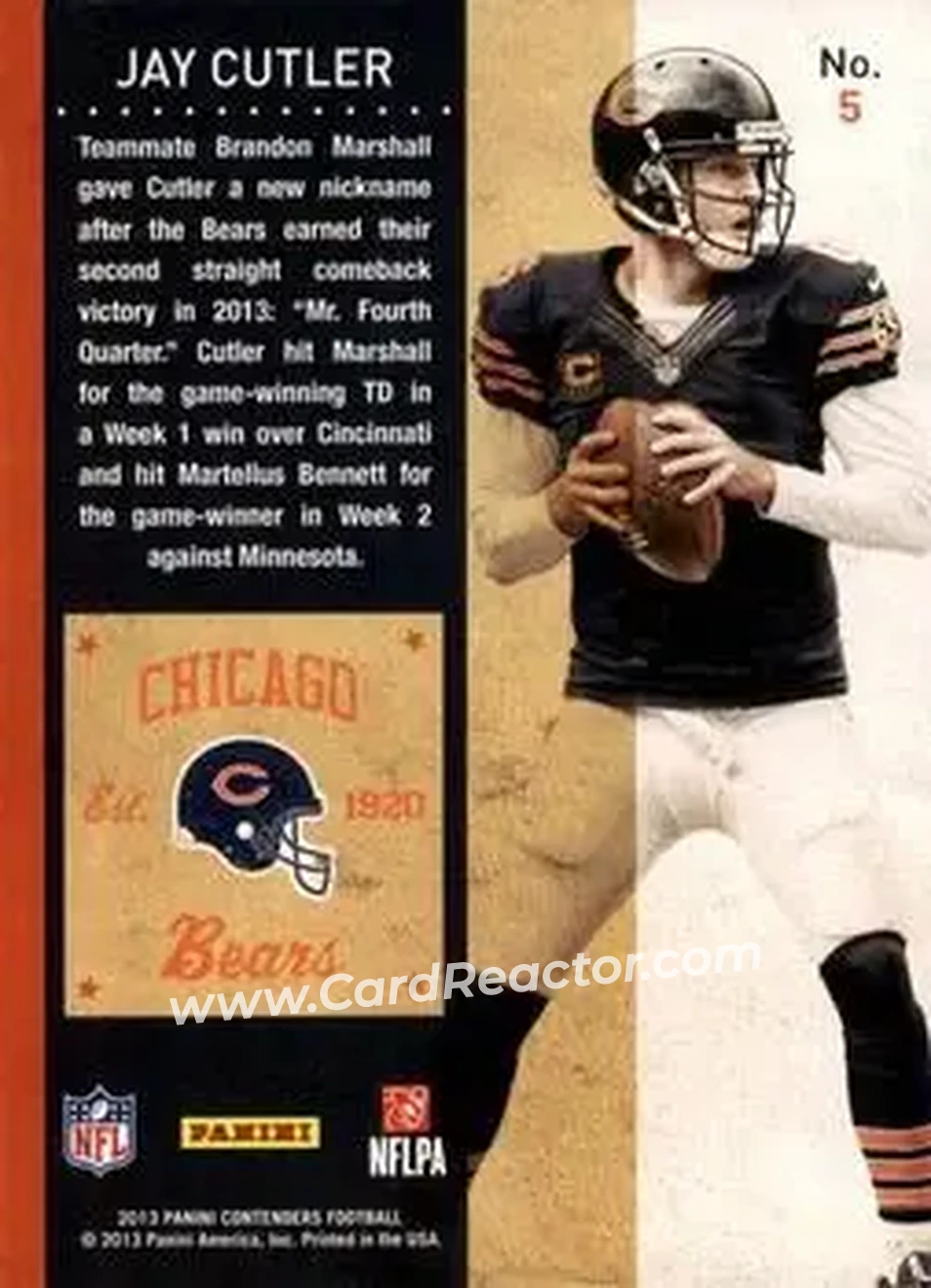 2013 Panini Contenders #5 - Jay Cutler - Chicago Bears - Back
