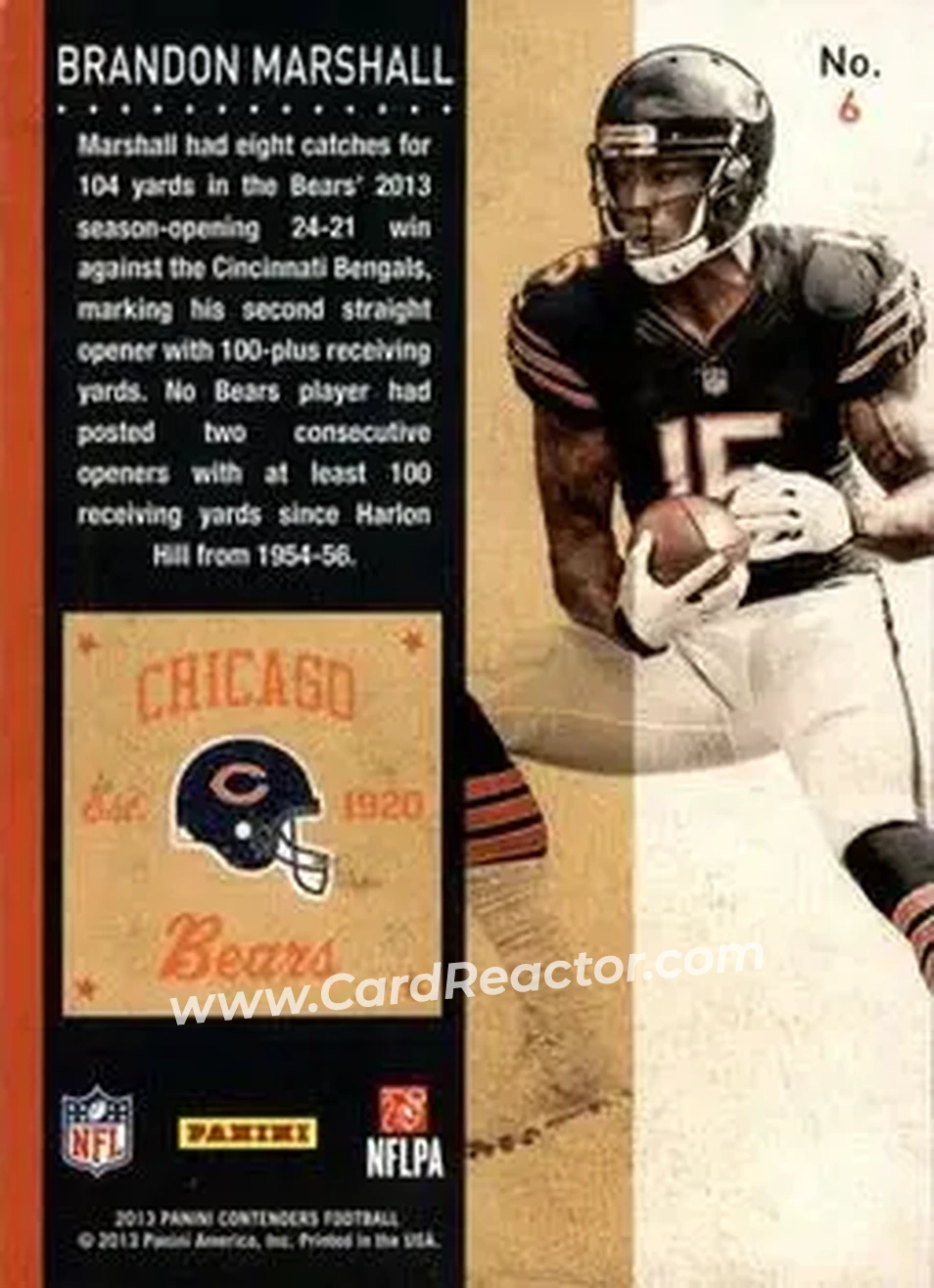 2013 Panini Contenders #6 - Brandon Marshall - Chicago Bears - Back