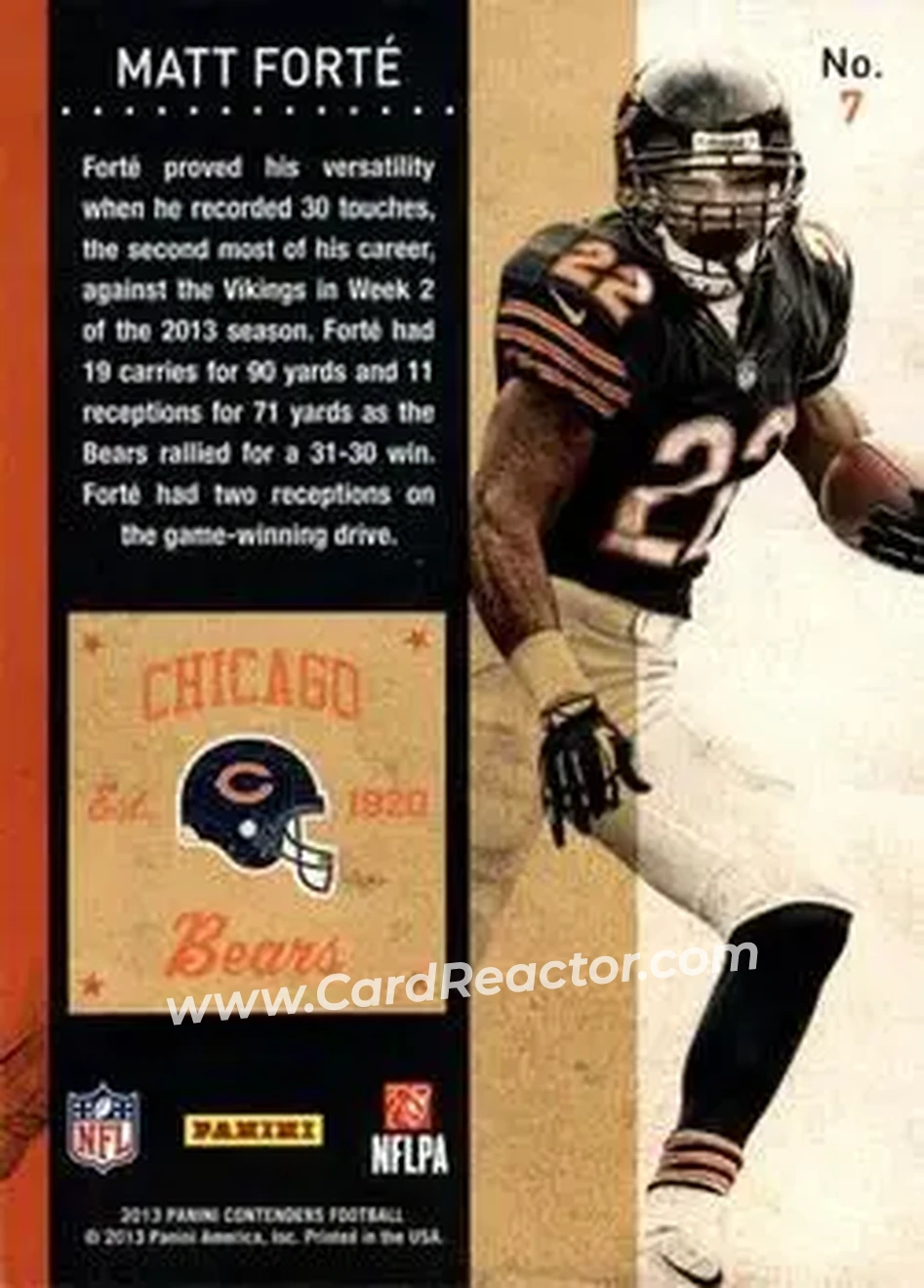 2013 Panini Contenders #7 - Matt Forte - Chicago Bears - Back