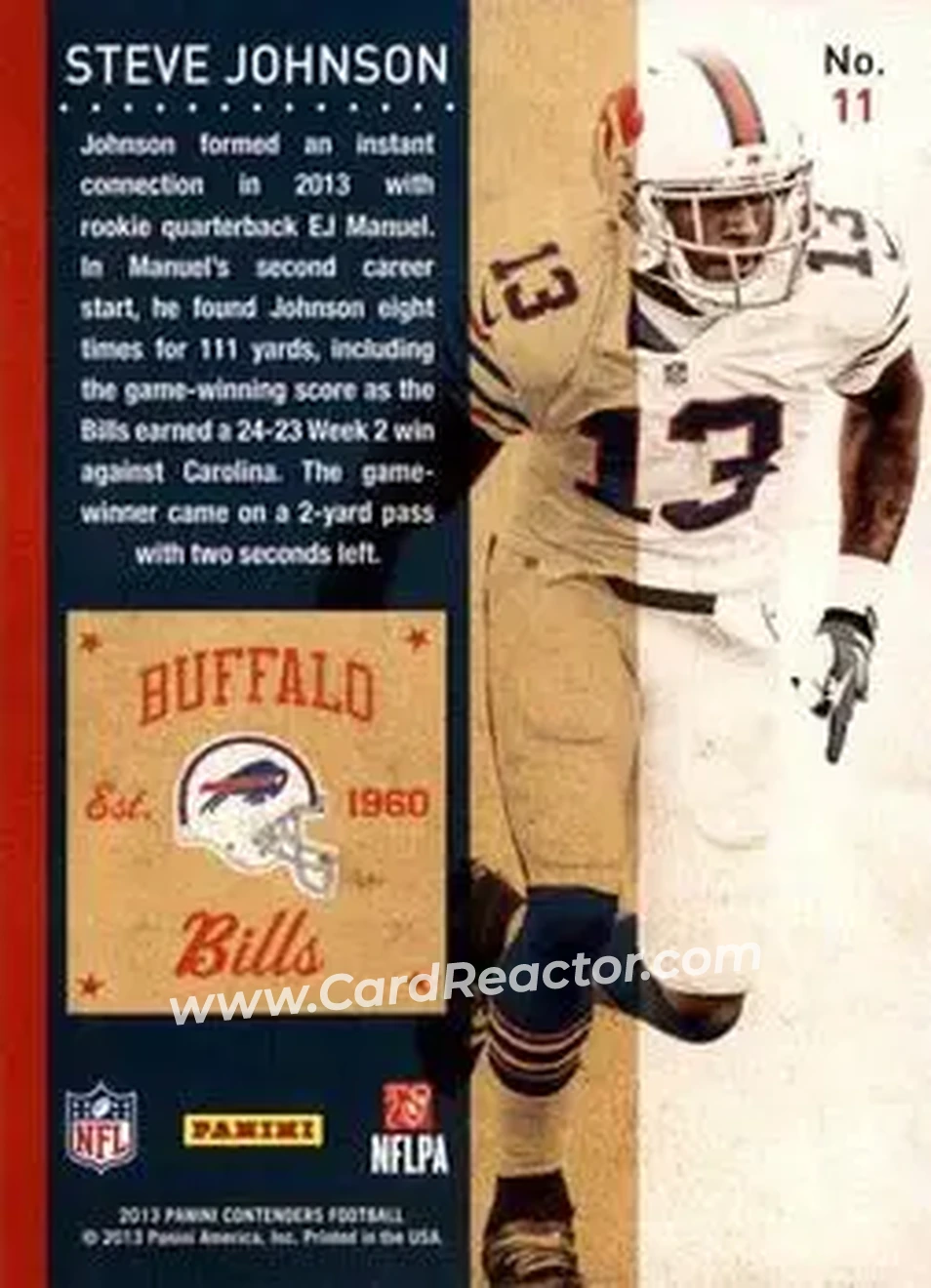 2013 Panini Contenders #11 - Steve Johnson - Buffalo Bills - Back