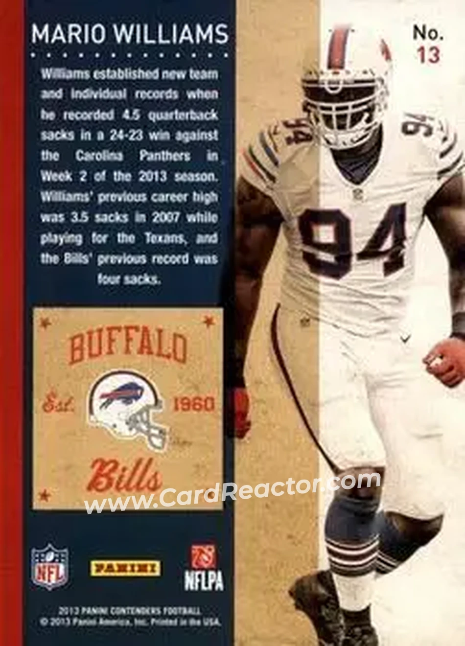 2013 Panini Contenders #13 - Mario Williams - Buffalo Bills - Back