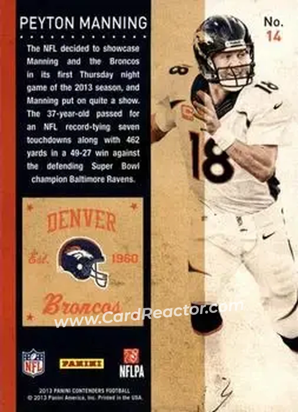 2013 Panini Contenders #14 - Peyton Manning - Denver Broncos - Back