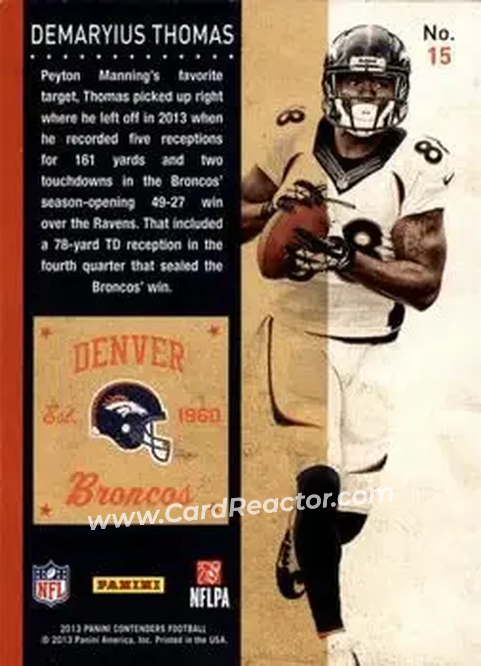 2013 Panini Contenders #15 - Demaryius Thomas - Denver Broncos - Back
