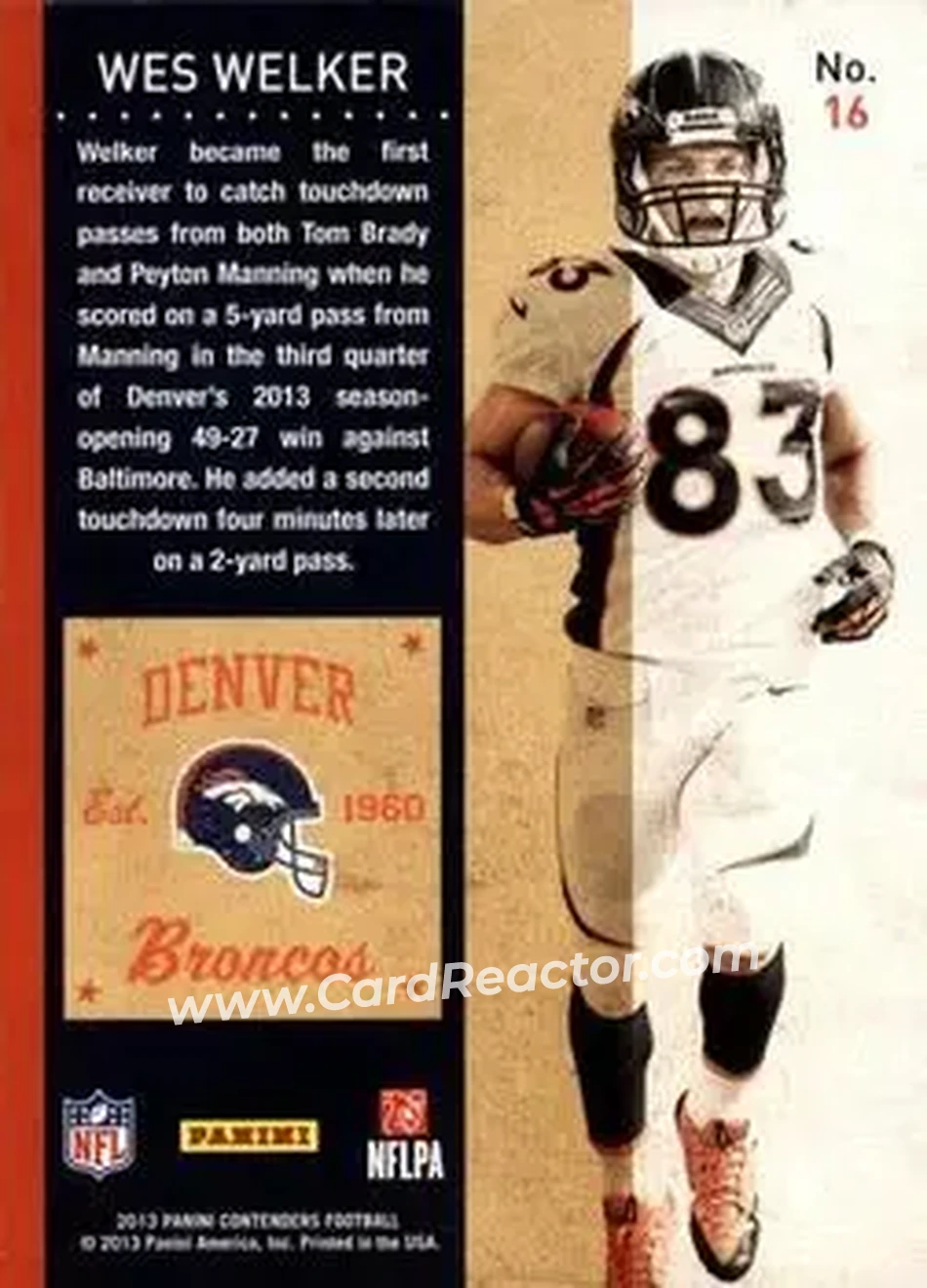 2013 Panini Contenders #16 - Wes Welker - Denver Broncos - Back