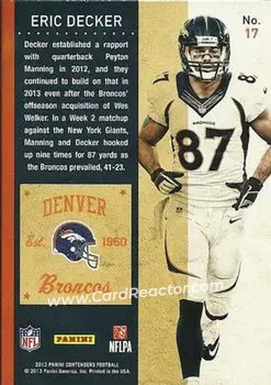 2013 Panini Contenders #17 - Eric Decker - Denver Broncos - Back