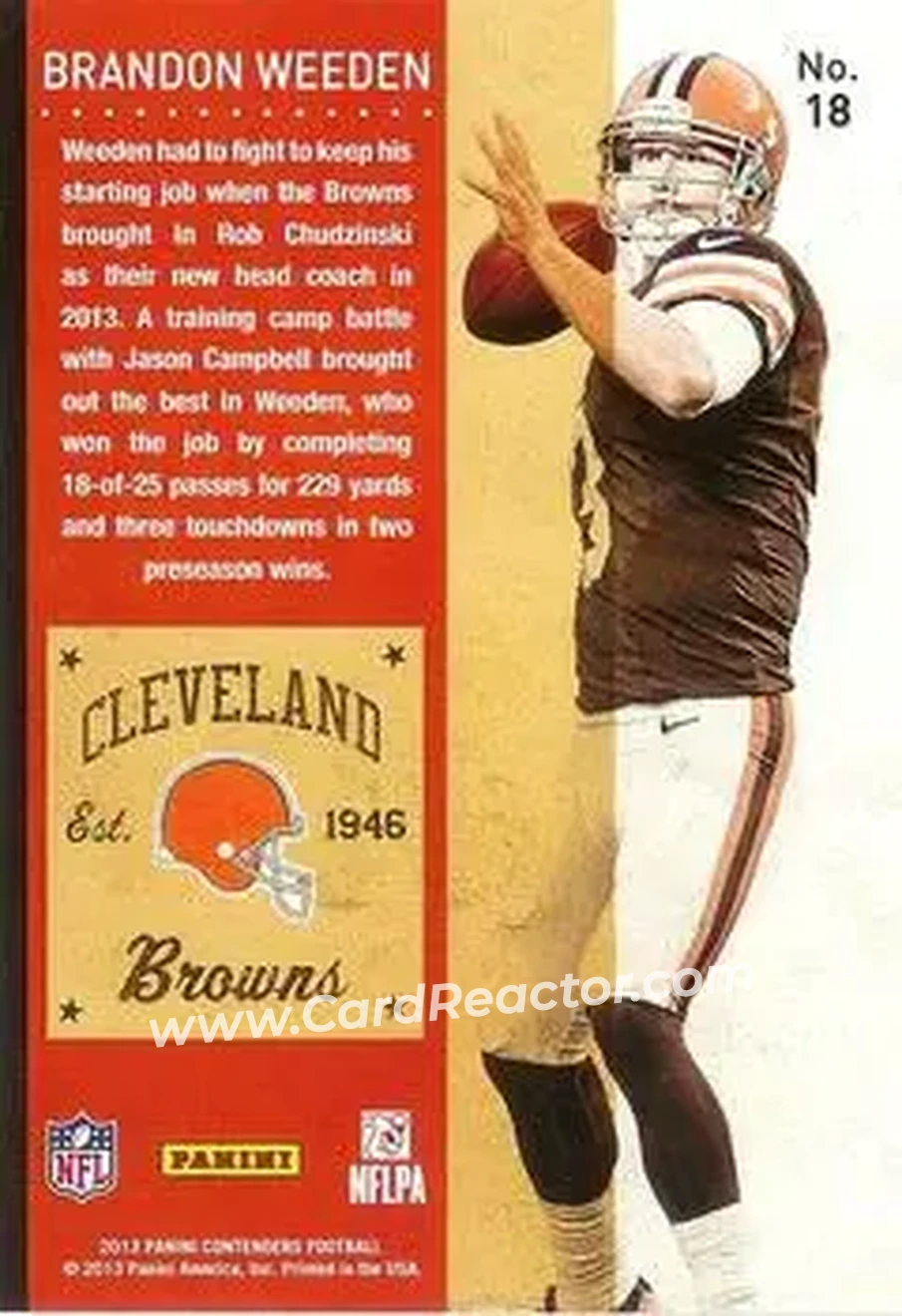 2013 Panini Contenders #18 - Brandon Weeden - Cleveland Browns - Back