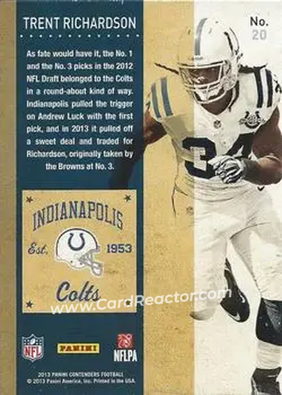 2013 Panini Contenders #20 - Trent Richardson - Indianapolis Colts - Back