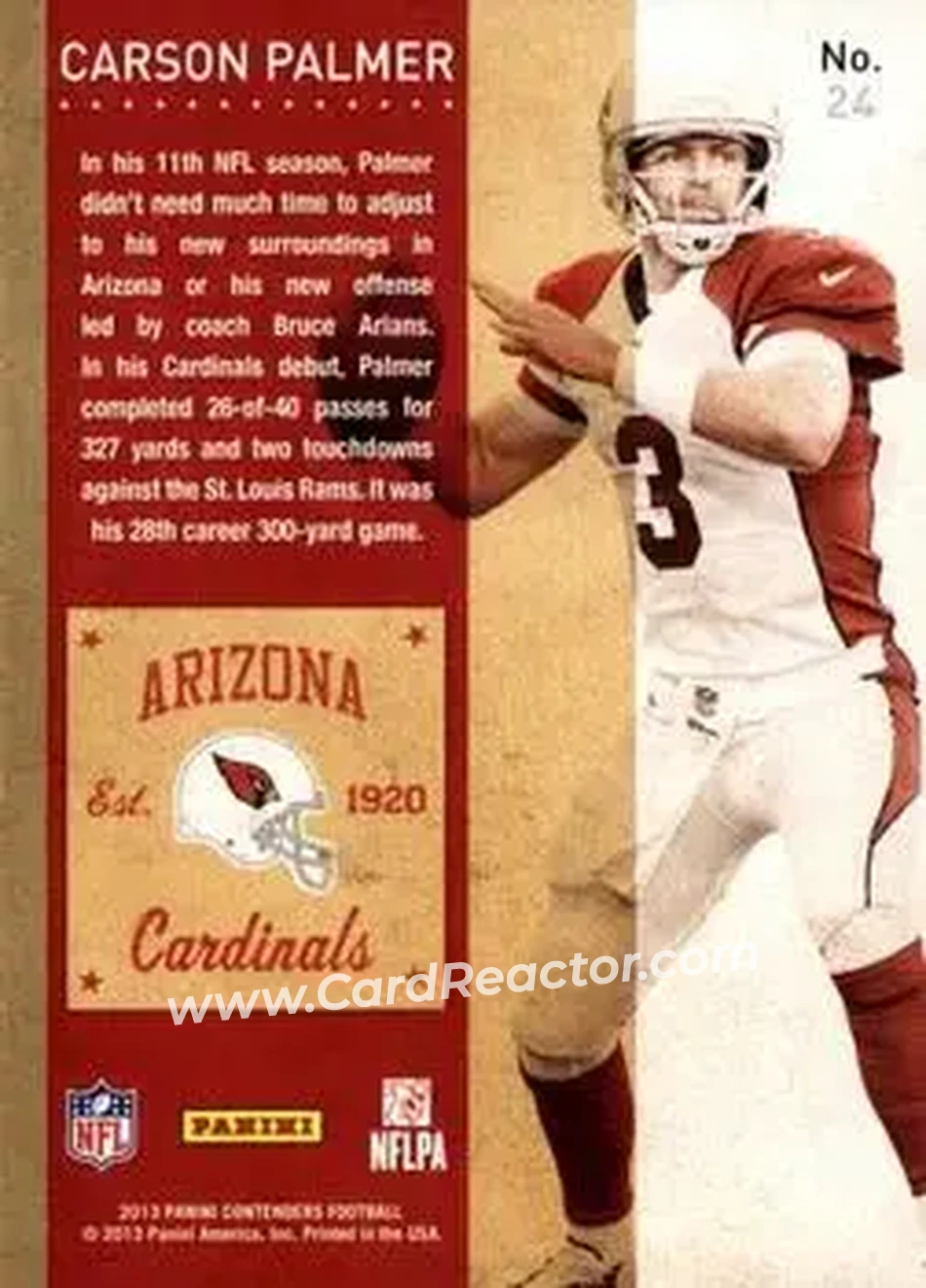 2013 Panini Contenders #24 - Carson Palmer - Arizona Cardinals - Back