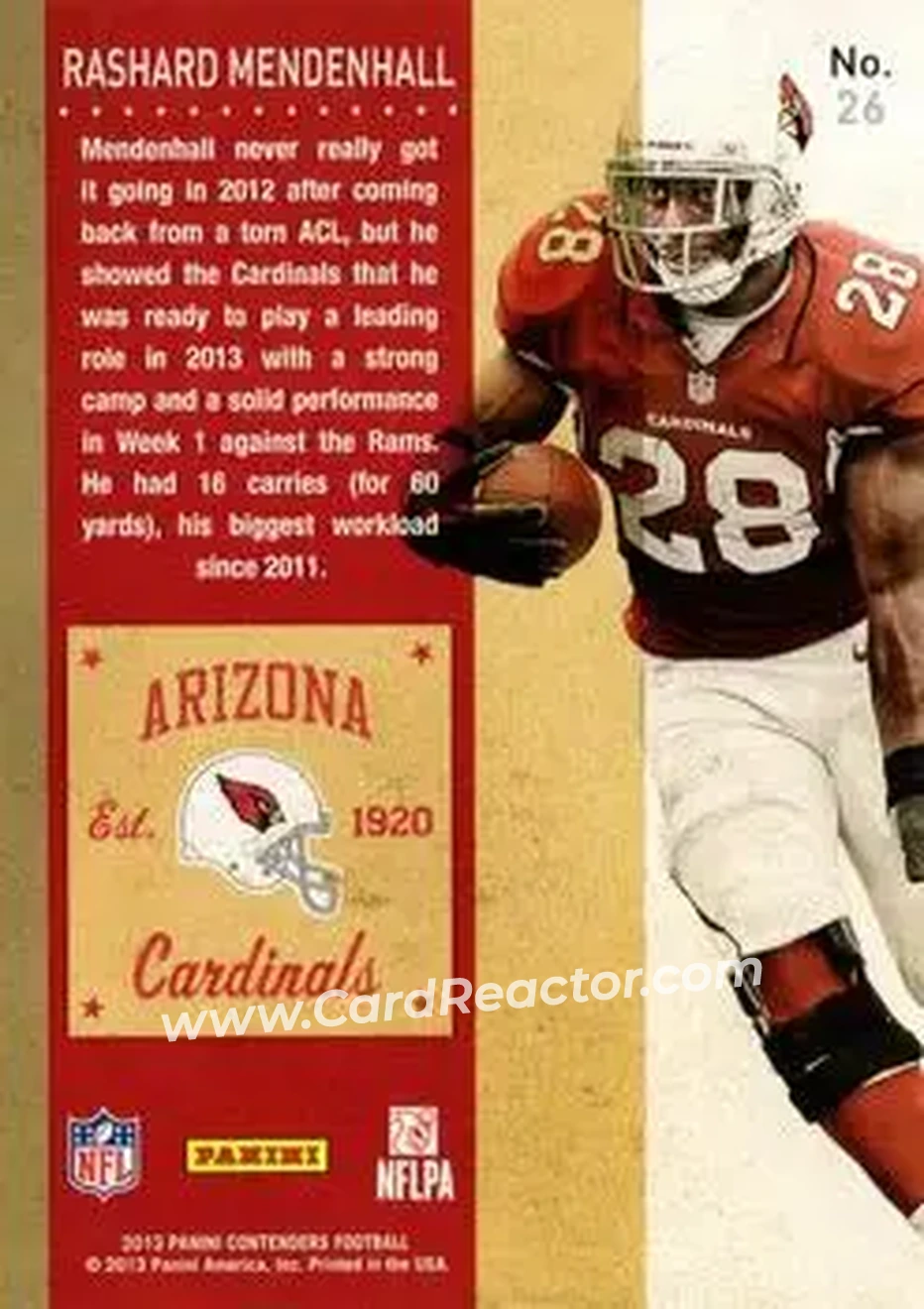 2013 Panini Contenders #26 - Rashard Mendenhall - Arizona Cardinals - Back