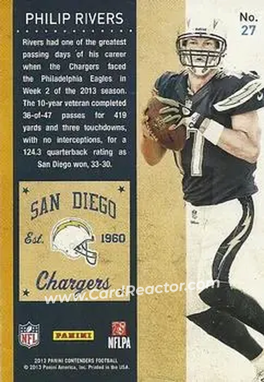 2013 Panini Contenders #27 - Philip Rivers - San Diego Chargers - Back