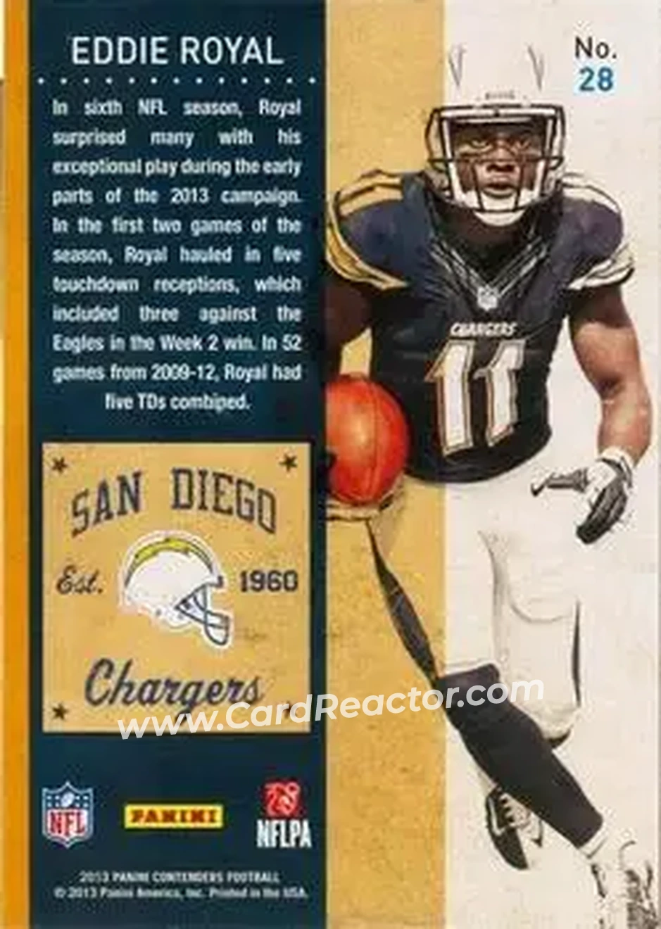 2013 Panini Contenders #28 - Eddie Royal - San Diego Chargers - Back