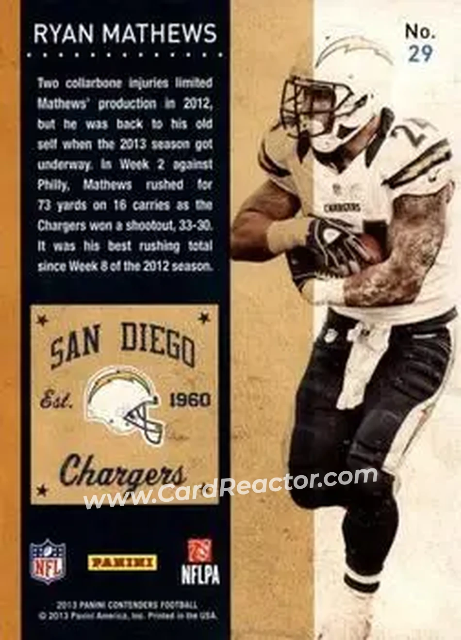 2013 Panini Contenders #29 - Ryan Mathews - San Diego Chargers - Back